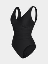 Deep V-Neck Pleated One-Piece Swimsuit – Tummy Control & Detachable Cups